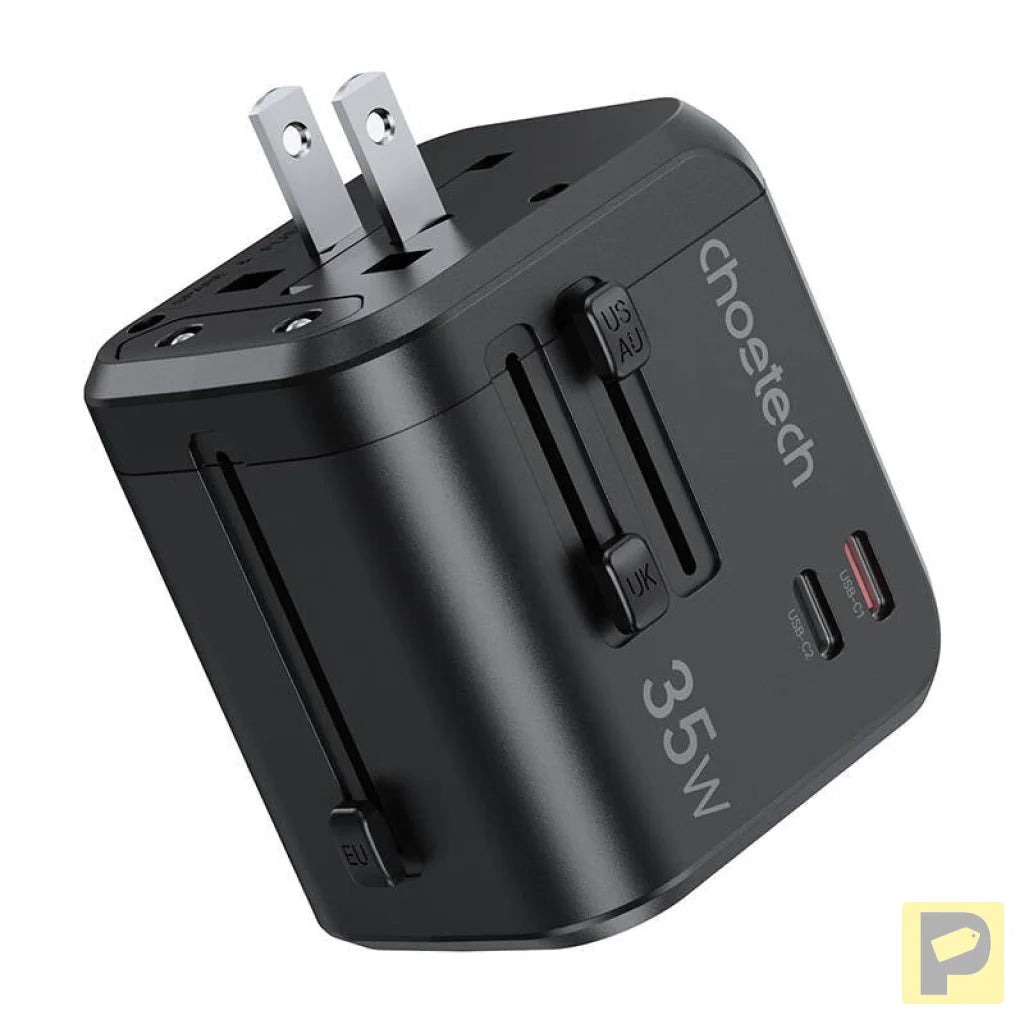 Choetech PD5008 travel charger, 3xUSB-A, 2xUSB-C, GaN, 35W, US/EU/UK/AU (black)