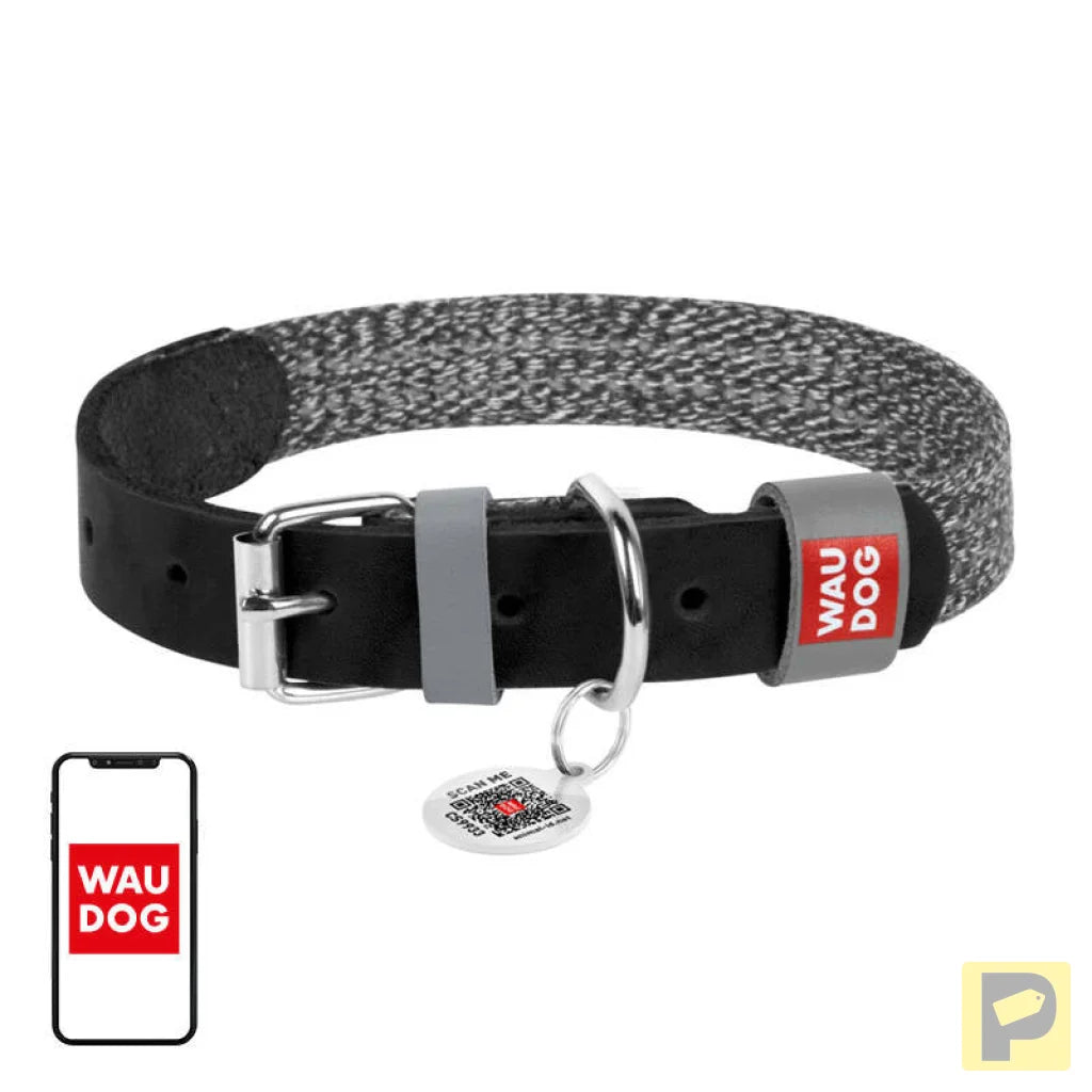 Dog collar made of natural leather and recycled material with QR code Waudog size L, width 25 mm, black