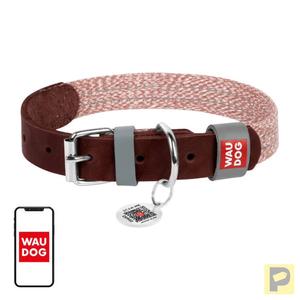 Dog collar made of natural leather and recycled material with QR code Waudog size L, width 25 mm, brown