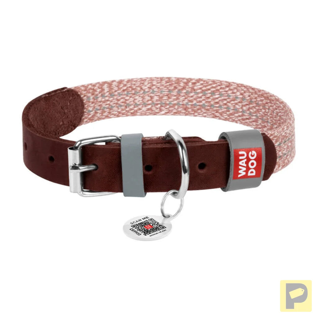 Dog collar made of natural leather and recycled material with QR code Waudog size L, width 25 mm, brown
