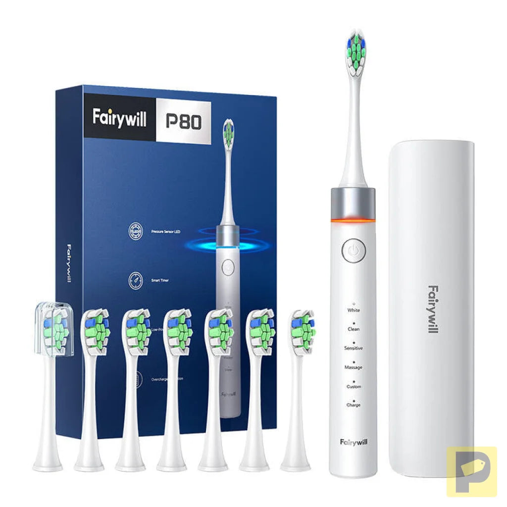 FairyWill FW-P80 sonic toothbrush with tip set and case (White)