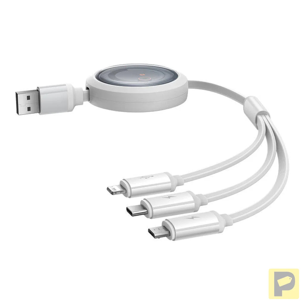 Fast Charging Cable 3in1 Baseus Free2Draw, USB to micro USB+USB-C+Lightning, 3.5A, 1.1m (white)
