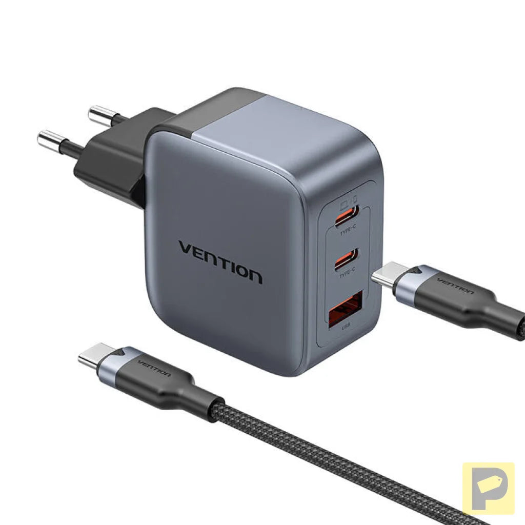 GaN Vention USB-C+C+A 70W Charger + USB-C-C Cable 1m (Gray)