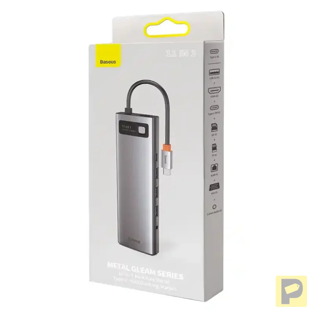 Hub 11in1 Baseus Metal Gleam Series, USB-C to 3x USB 3.0 + 2x HDMI + USB-C PD + Ethernet RJ45 + microSD/SD + VGA + AUX