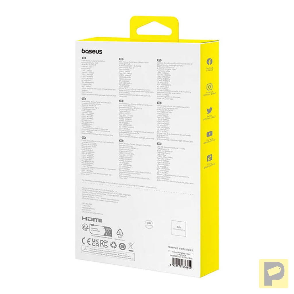 Hub 13in1 Baseus PortalJoy USB-C to HDMI+DP+VGA+C+USB+PD+RJ45+SD/TF+3.5mm (grey)