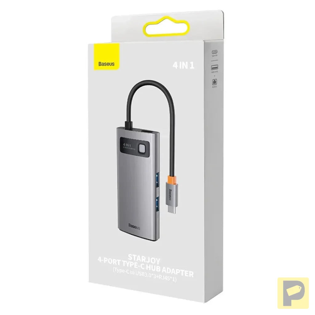 Hub 4in1 Baseus Metal Gleam Series, USB-C to 3x USB 3.0 + Ethernet RJ45