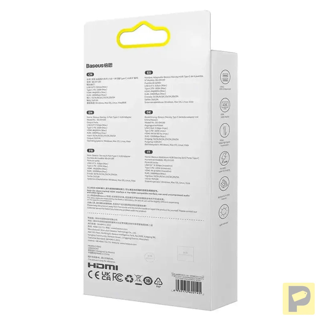 Hub 6in1 Baseus StarJoy Series, USB-C to 3x USB 3.0 + HDMI + USB-C PD + RJ45
