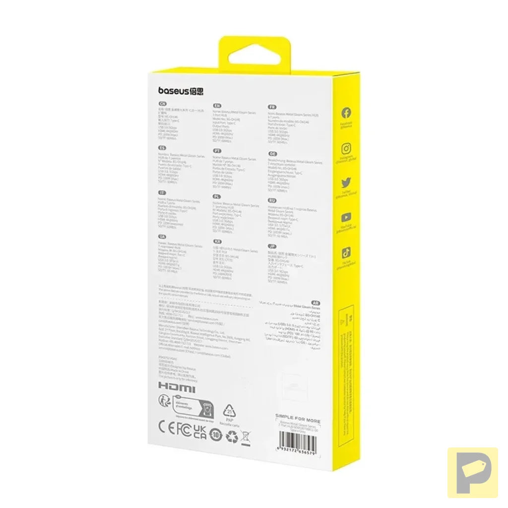 Hub 7in1 Baseus Gleam, USB-C to 1x HDMI4K 60Hz + 3x USB3.0 + 1x PD + 1x SD/TF (grey)