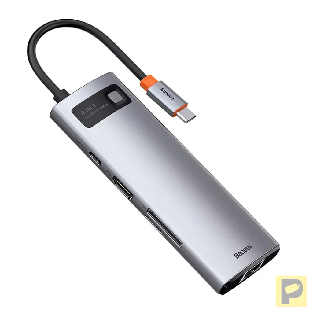 Hub 8in1 Baseus Metal Gleam Series, USB-C to 3x USB 3.0 + HDMI + USB-C PD + Ethernet RJ45 + microSD/SD