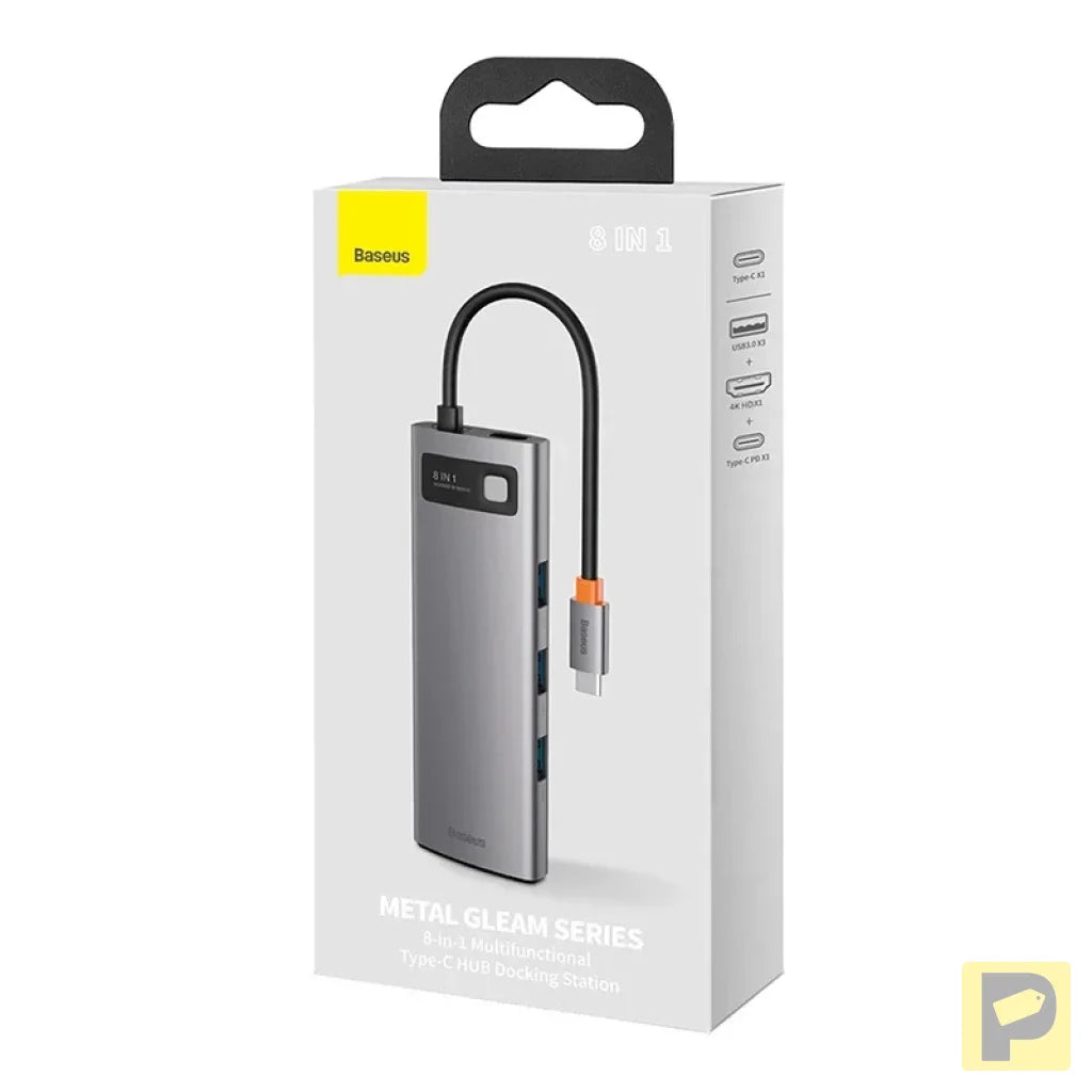 Hub 8in1 Baseus Metal Gleam Series, USB-C to 3x USB 3.0 + HDMI + USB-C PD + Ethernet RJ45 + microSD/SD