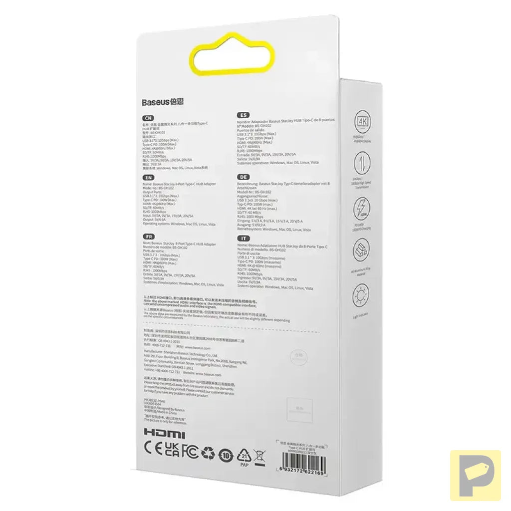 Hub 8in1 Baseus StarJoy Series, USB-C to 3x USB 3.1 + HDMI + USB-C PD + RJ45 + microSD/SD