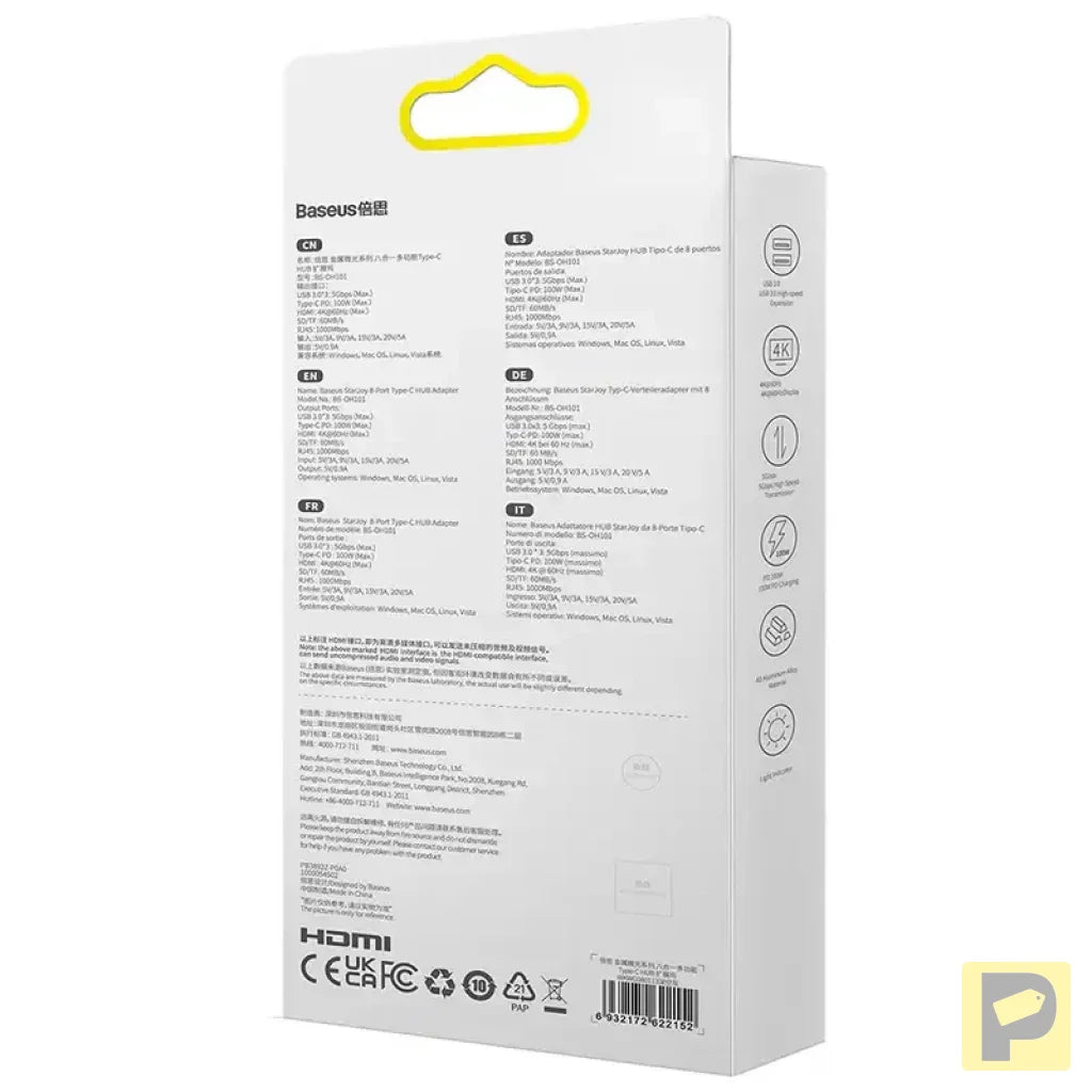 Hub 8w1 Baseus StarJoy Metal Glam Series, USB-C do HDMI + 3 x USB 3.0 + USB-C PD + RJ45 + SD/TF