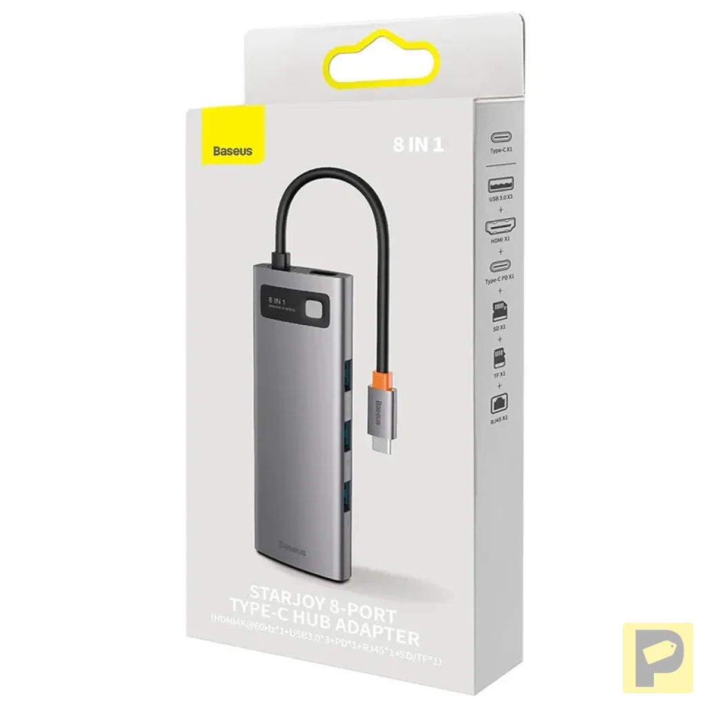 Hub 8w1 Baseus StarJoy Metal Glam Series, USB-C do HDMI + 3 x USB 3.0 + USB-C PD + RJ45 + SD/TF