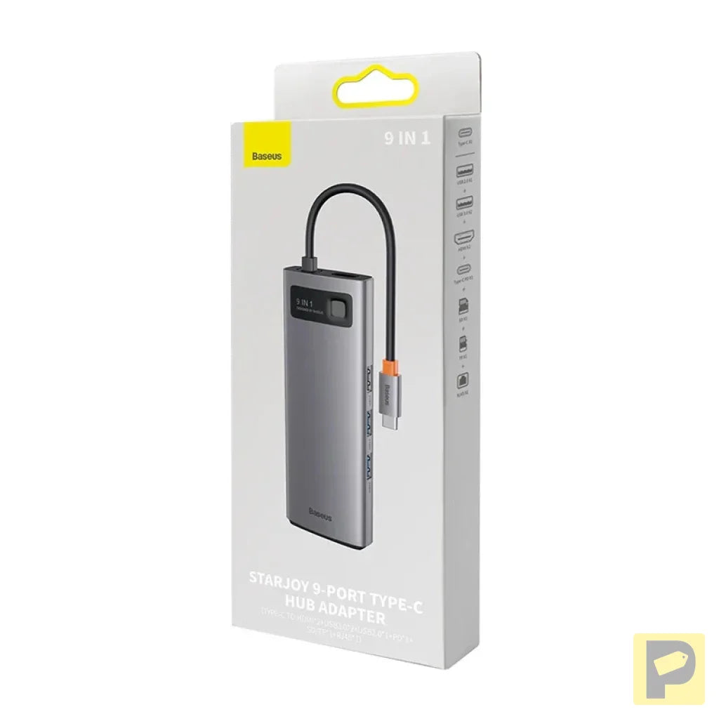 Hub 9in1 Baseus Metal Gleam Series, USB-C to 2x USB 3.0 + 2x HDMI + USB 2.0 + USB-C PD + Ethernet RJ45 + microSD/SD
