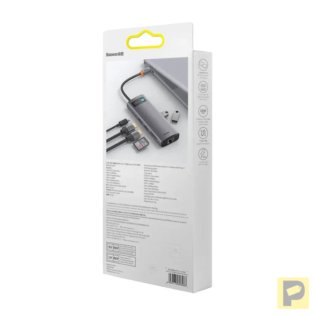 Hub 9in1 Baseus Metal Gleam Series, USB-C to 2x USB 3.0 + 2x HDMI + USB 2.0 + USB-C PD + Ethernet RJ45 + microSD/SD