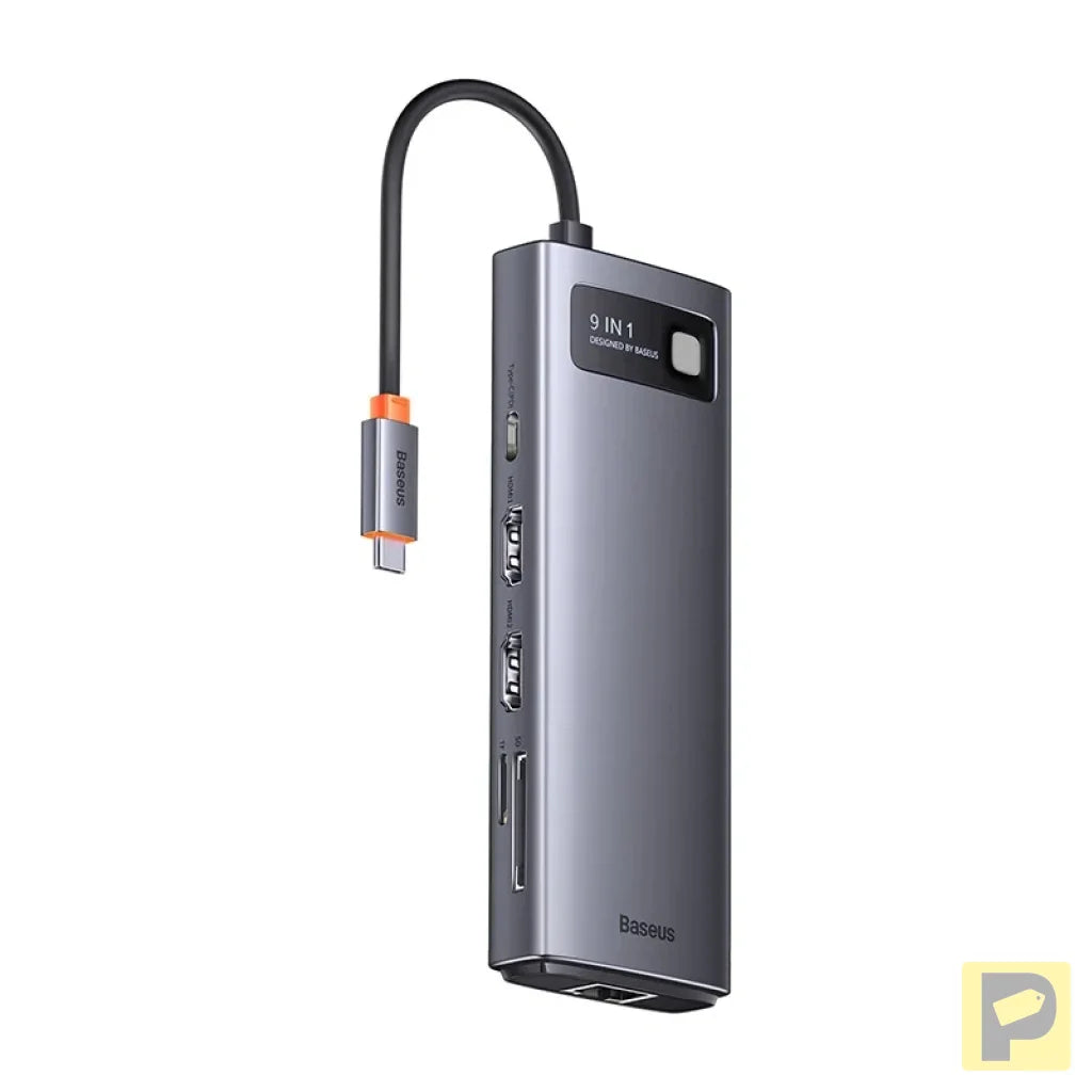 Hub 9in1 Baseus Metal Gleam Series, USB-C to 2x USB 3.0 + 2x HDMI + USB 2.0 + USB-C PD + Ethernet RJ45 + microSD/SD