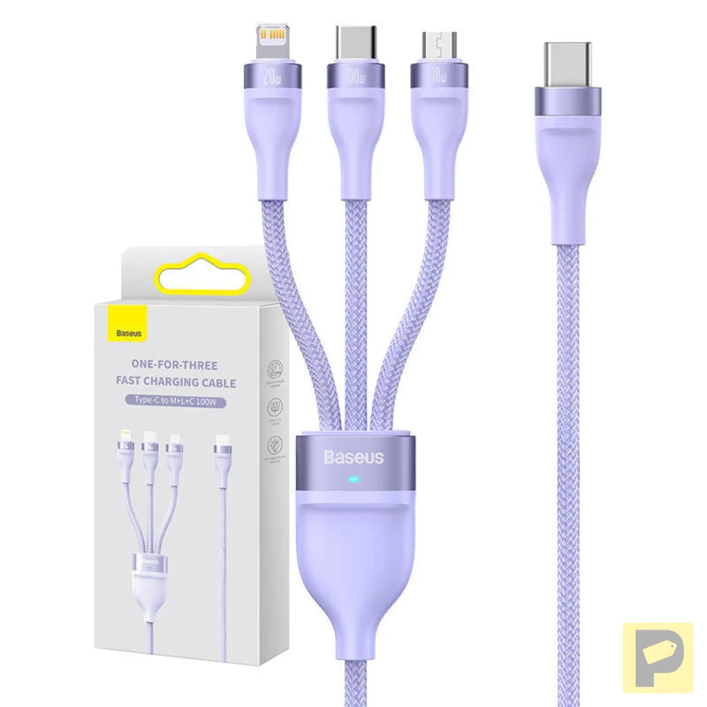 Kabel USB 3w1 Baseus Flash Series 2, USB-C + micro USB + Lightning, 100W, 1.5m (fioletowy)