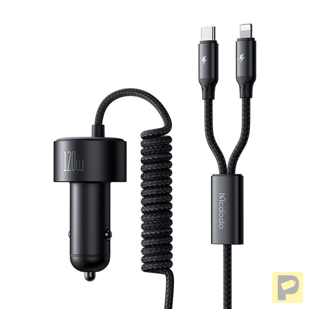 Mcdodo CC-0370 car charger, USB-C, Lightning, 120W, retractable cables