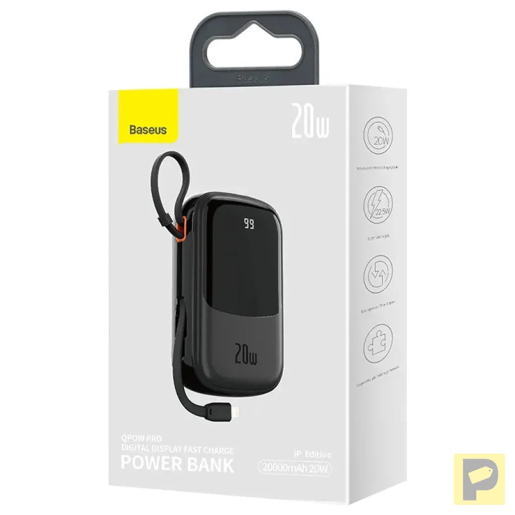 Powerbank Baseus Qpow PRO with Lightning cable, USB-C port and USB 20000mAh, 20W (Black)