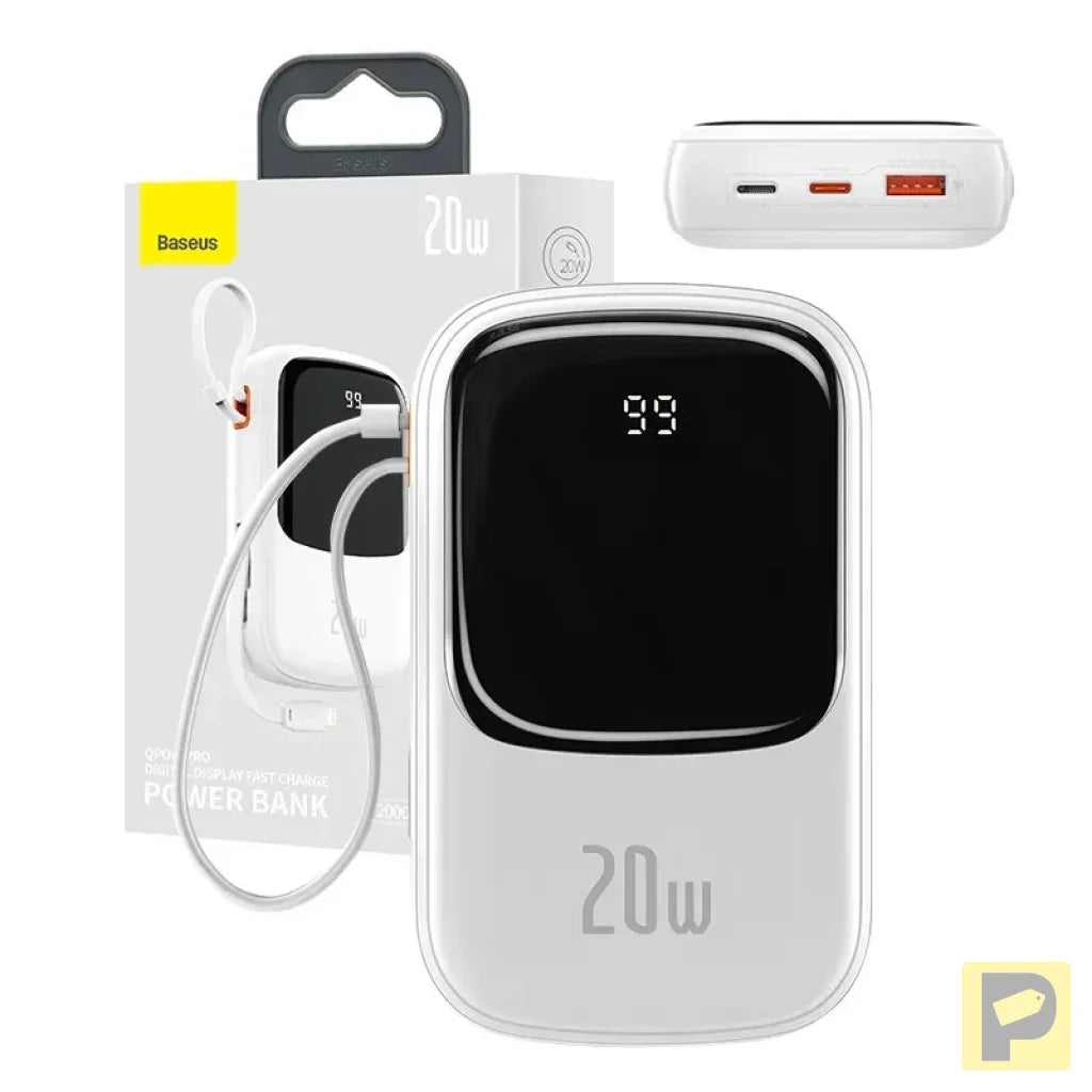 Powerbank Baseus Qpow PRO with Lightning cable, USB-C port and USB 20000mAh, 20W (White)