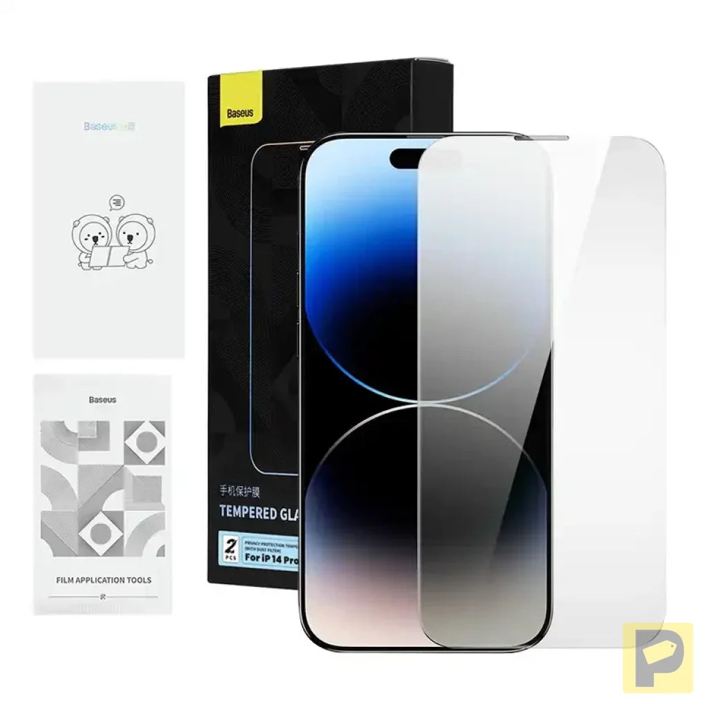 Privacy tempered Glass Baseus Iphone 14 Pro Max (2pcs) with 2 cleaning kits and dust-proof installation tool