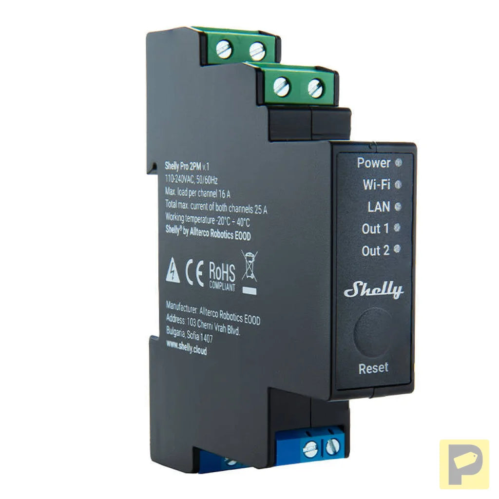 Shelly Pro 2PM DIN Rail 2-channel Relay, WiFi/LAN (Power measurement)