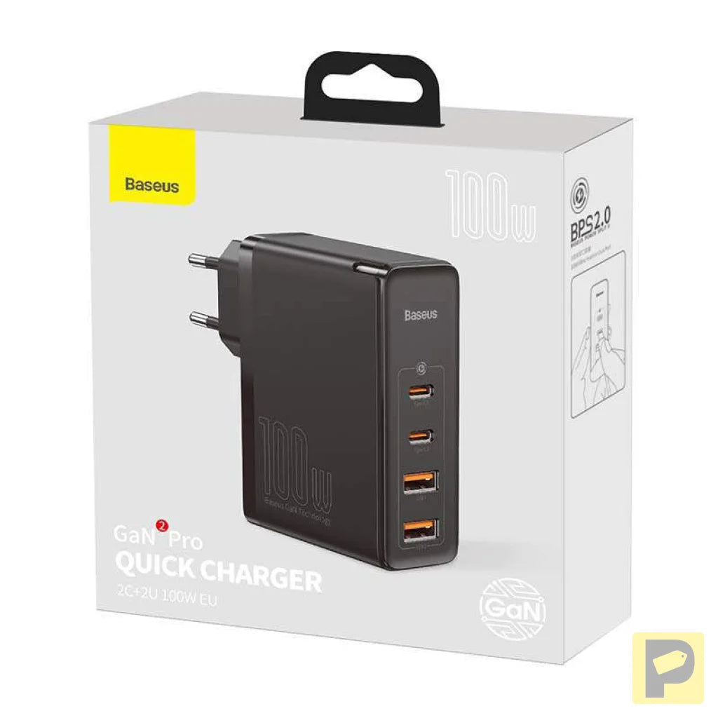 Travel Charger Baseus GaN2 Pro Quick 2x USB + 2x USB-C, 100W, EU (Black)