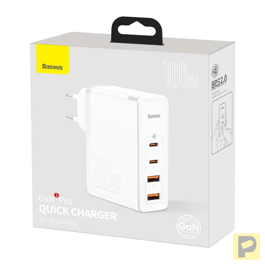 Travel Charger Baseus GaN2 Pro Quick 2x USB + 2x USB-C, 100W, EU (white)
