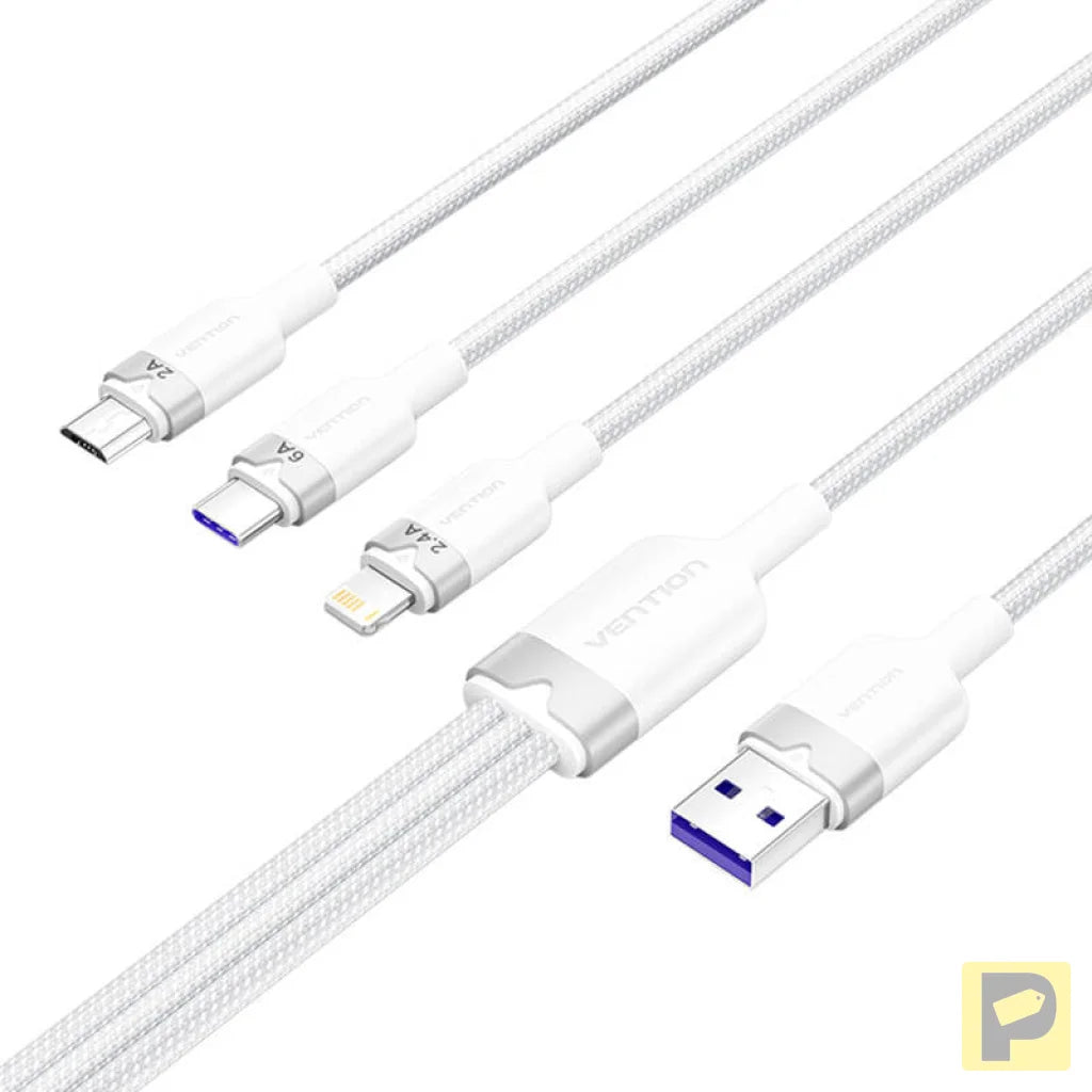 USB 2.0 A to 3-in-1 6A cable Vention CTRWG 1.5M (white)