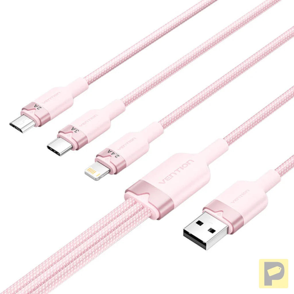 USB 2.0 A to 3in1 3A cable Vention CTPPG 1.5M (pink)
