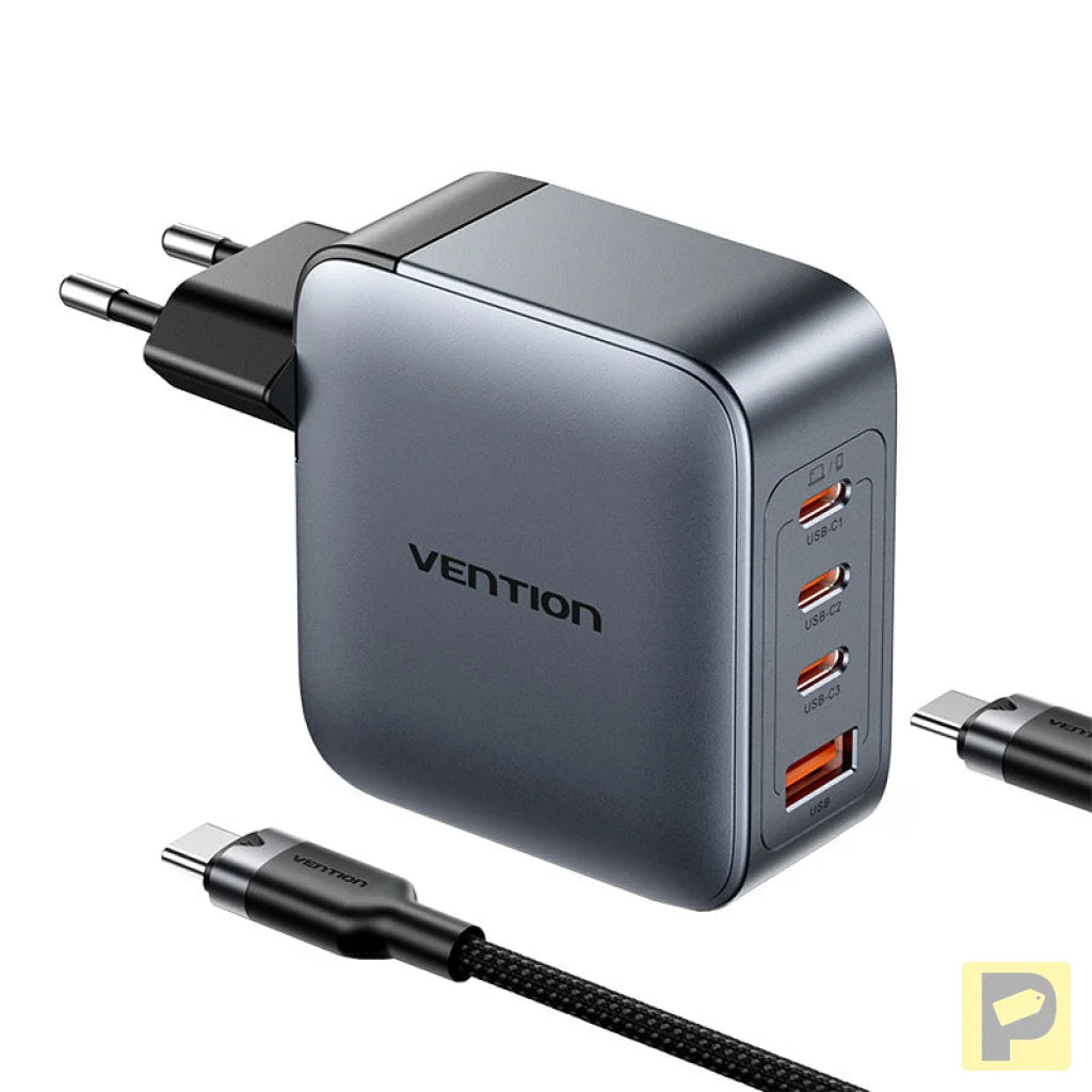 Vention power charger 3x USB-C, 1x USB-A, (100W/100W/30W/30W) (grey) with USB-C to USB-C cable (1m) (black)