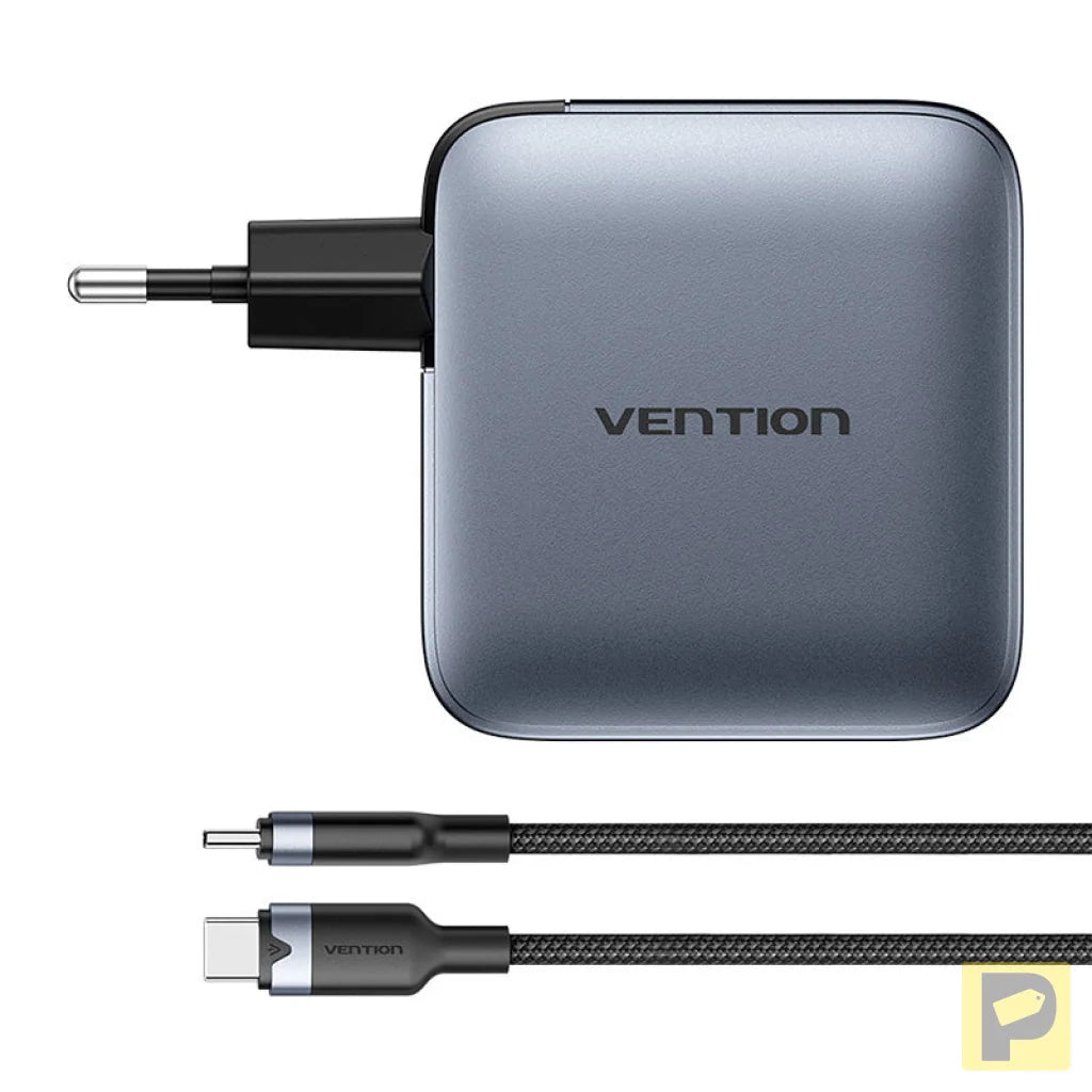 Vention power charger 3x USB-C, 1x USB-A, (100W/100W/30W/30W) (grey) with USB-C to USB-C cable (1m) (black)