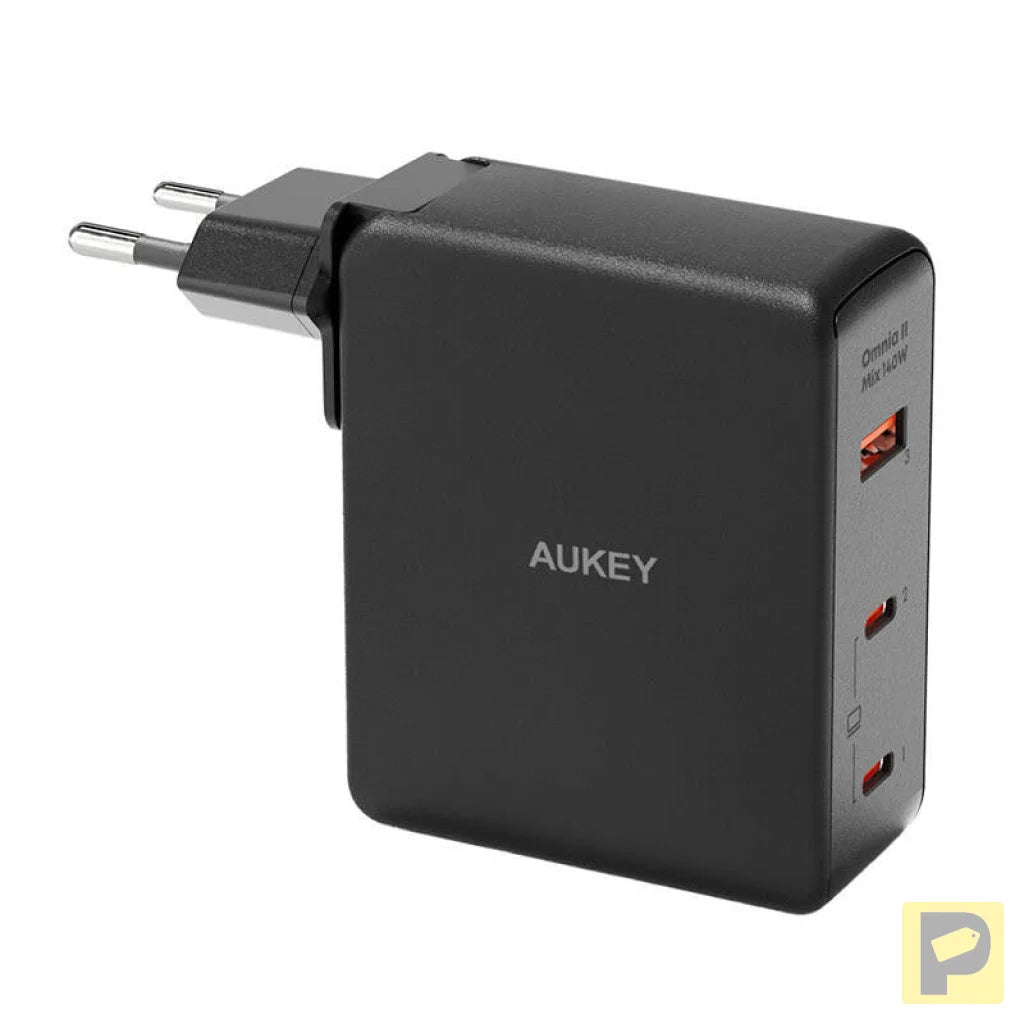 Wall charger Aukey PA-B7O, 1xUSB-A, 2xUSB-C, 140W GaN (black)