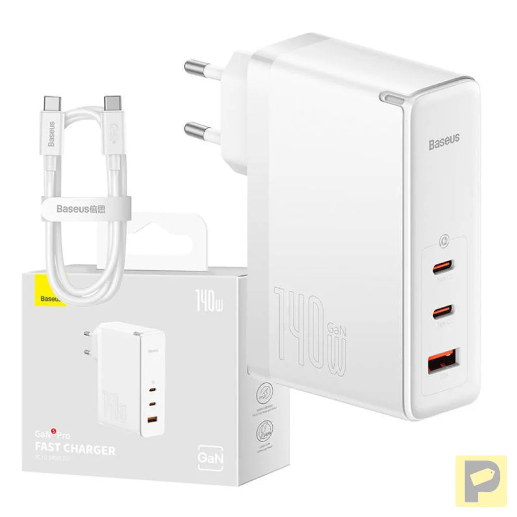 Wall charger Baseus GaN5 Pro 2xUSB-C + USB, 140W (white)