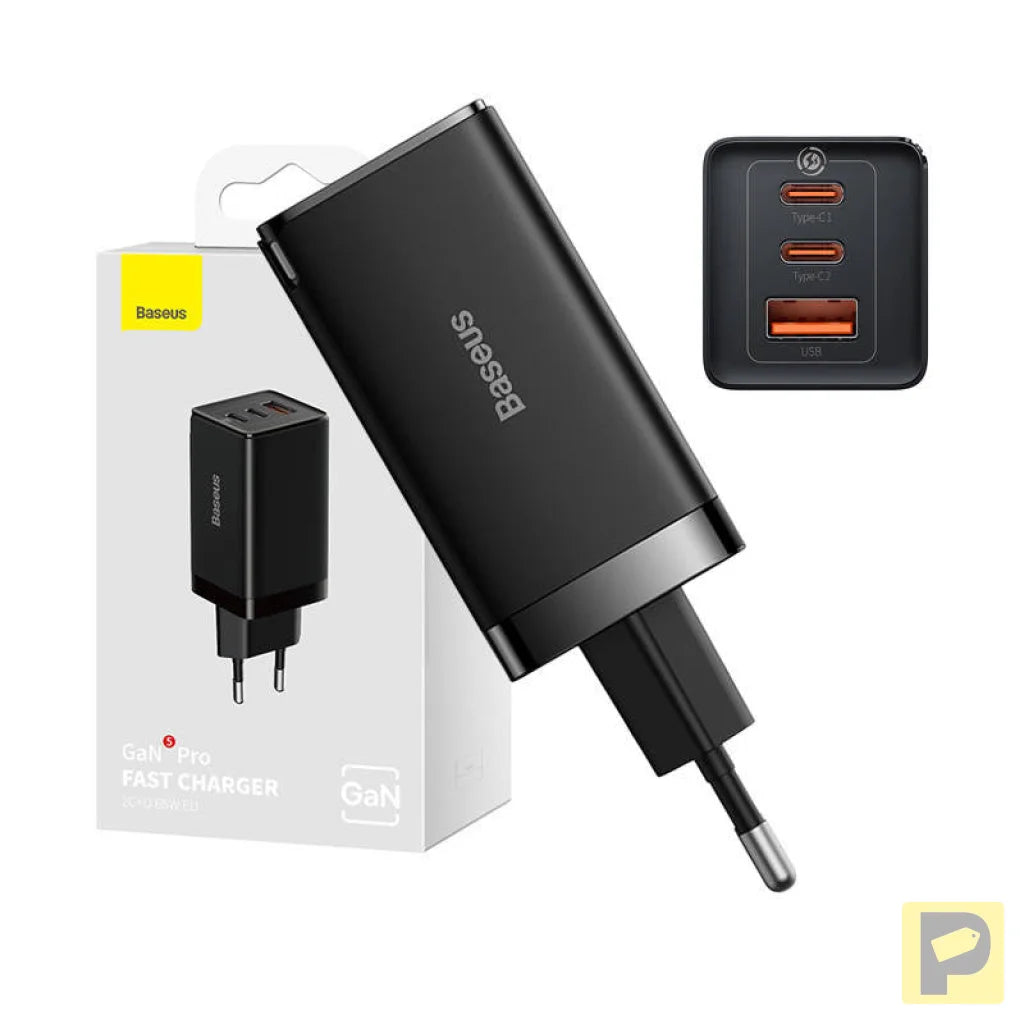 Wall charger Baseus GaN5 Pro 2xUSB-C + USB, 65W (black)