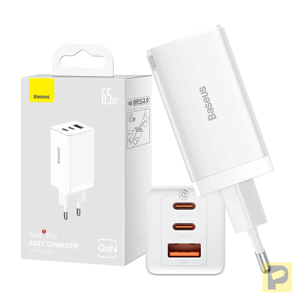 Wall charger Baseus GaN5 Pro 2xUSB-C + USB, 65W (white)