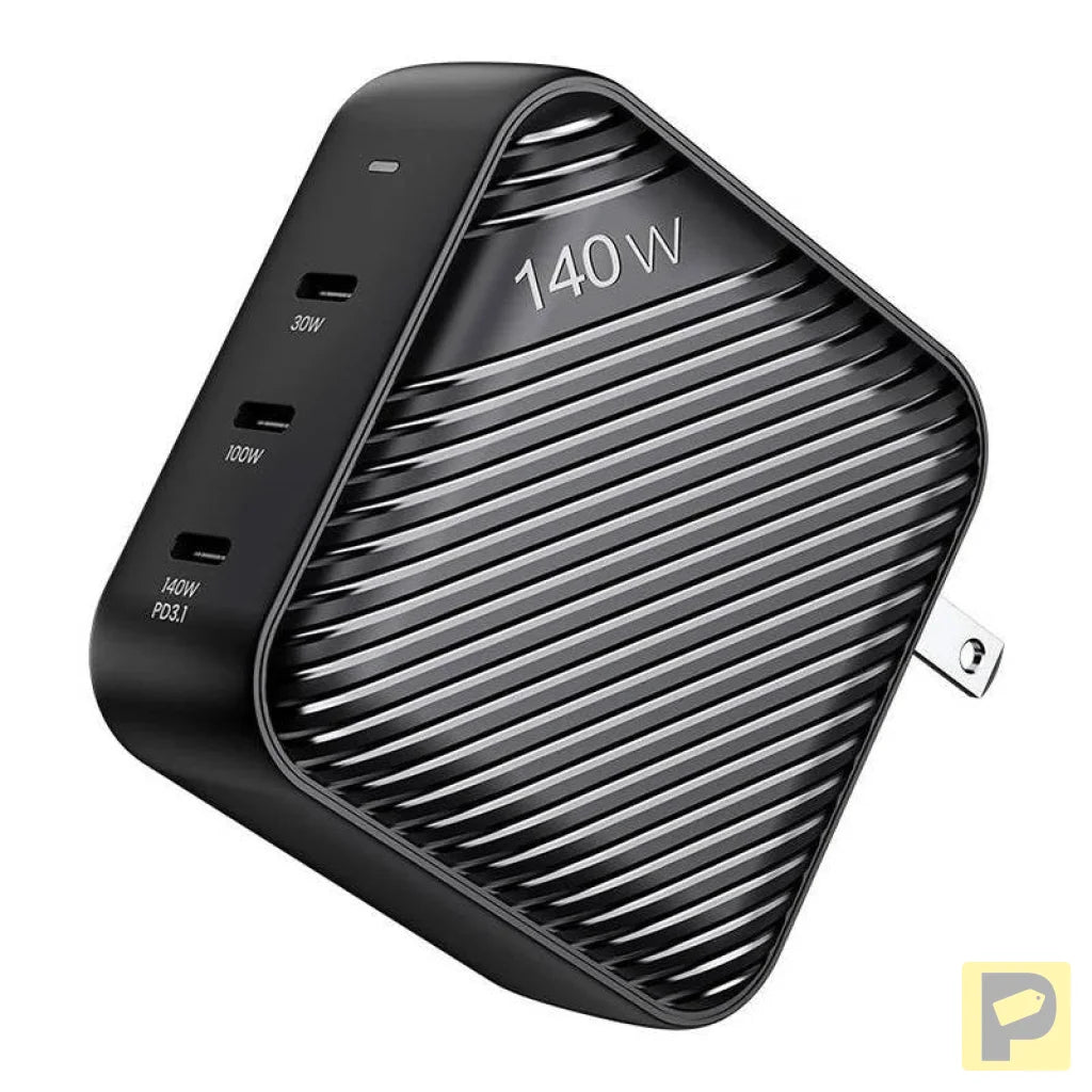 Wall charger INVZI GanHub 3x USB-C, 140W, EU/UK/AU/US (black)