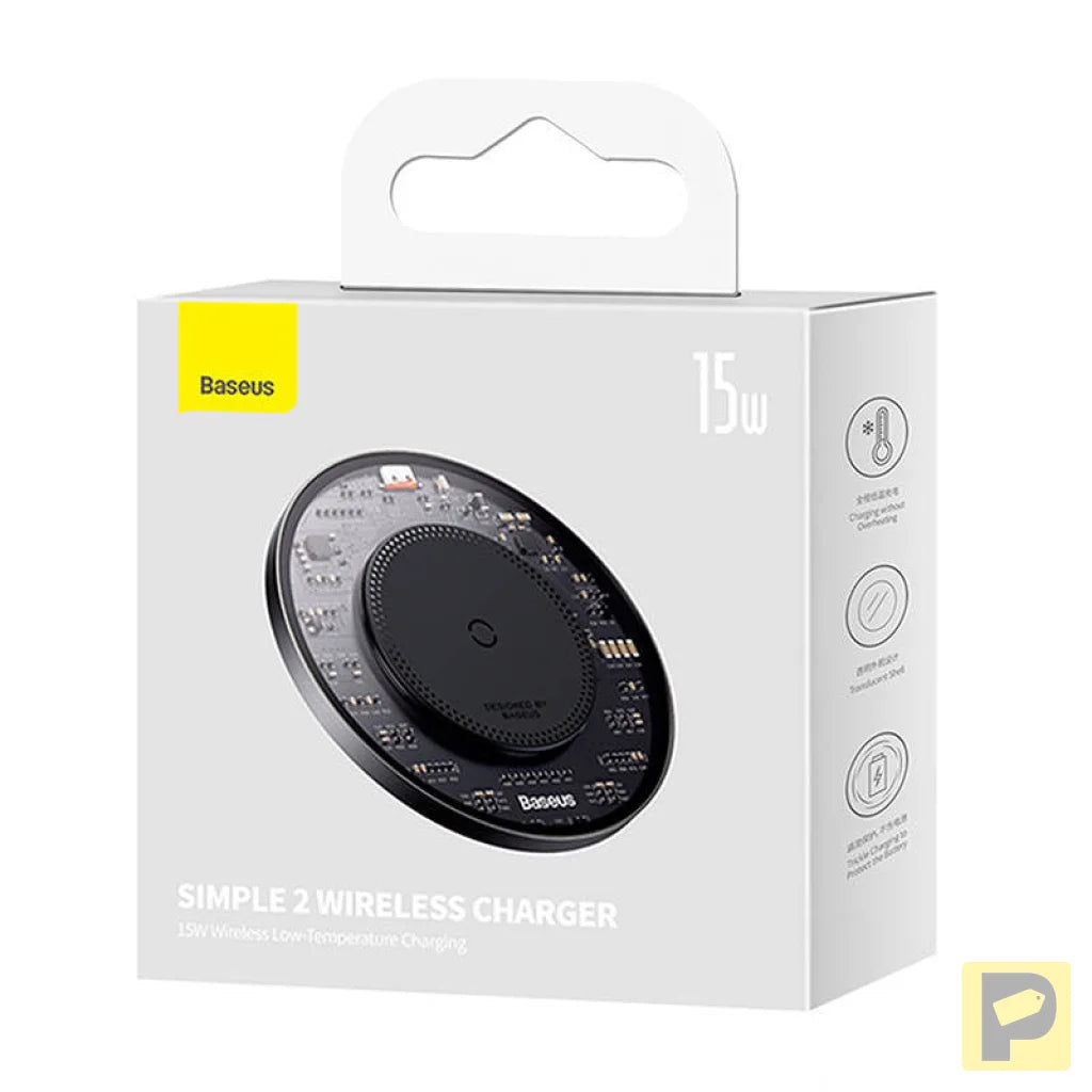 Wireless Qi inductive charger Baseus Simple 2, 15W with USB-C to USB-C cable (black)