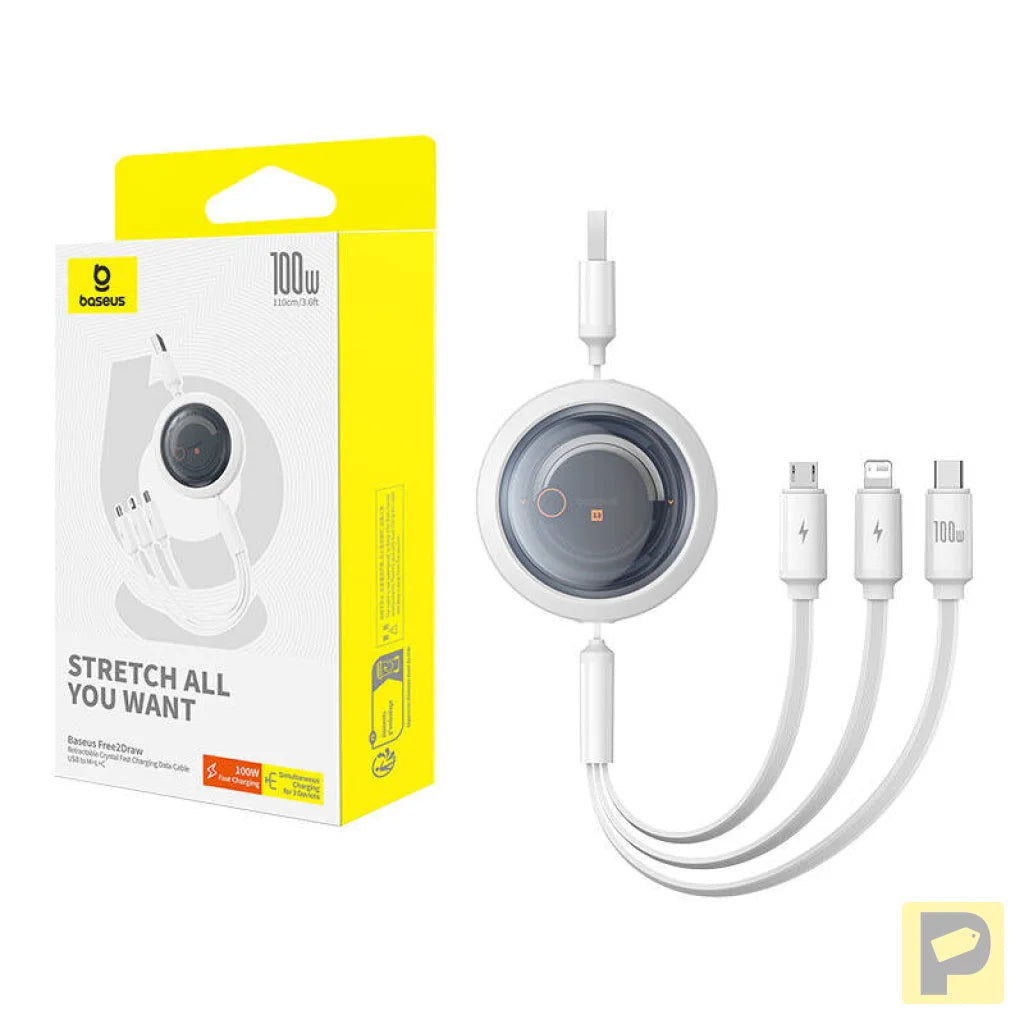 3-in-1 Baseus Free2Draw USB to M+L+C 100W cable, 1.1 m (white)