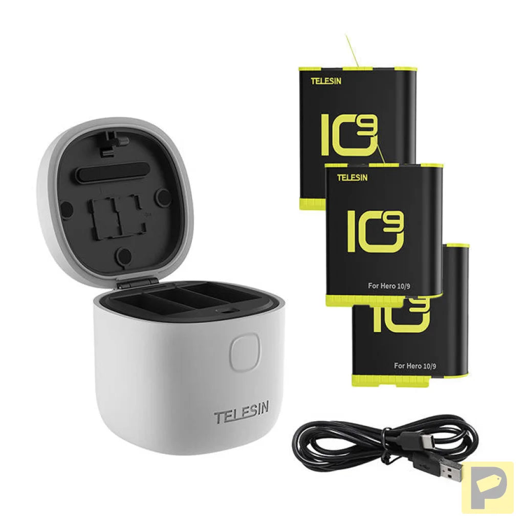 3-slot waterproof charger Telesin Allin box for GoPro Hero 9 / Hero 10 / Hero 11 / Hero 12 + 3 batteries (GP-BTR-906-GY-B)