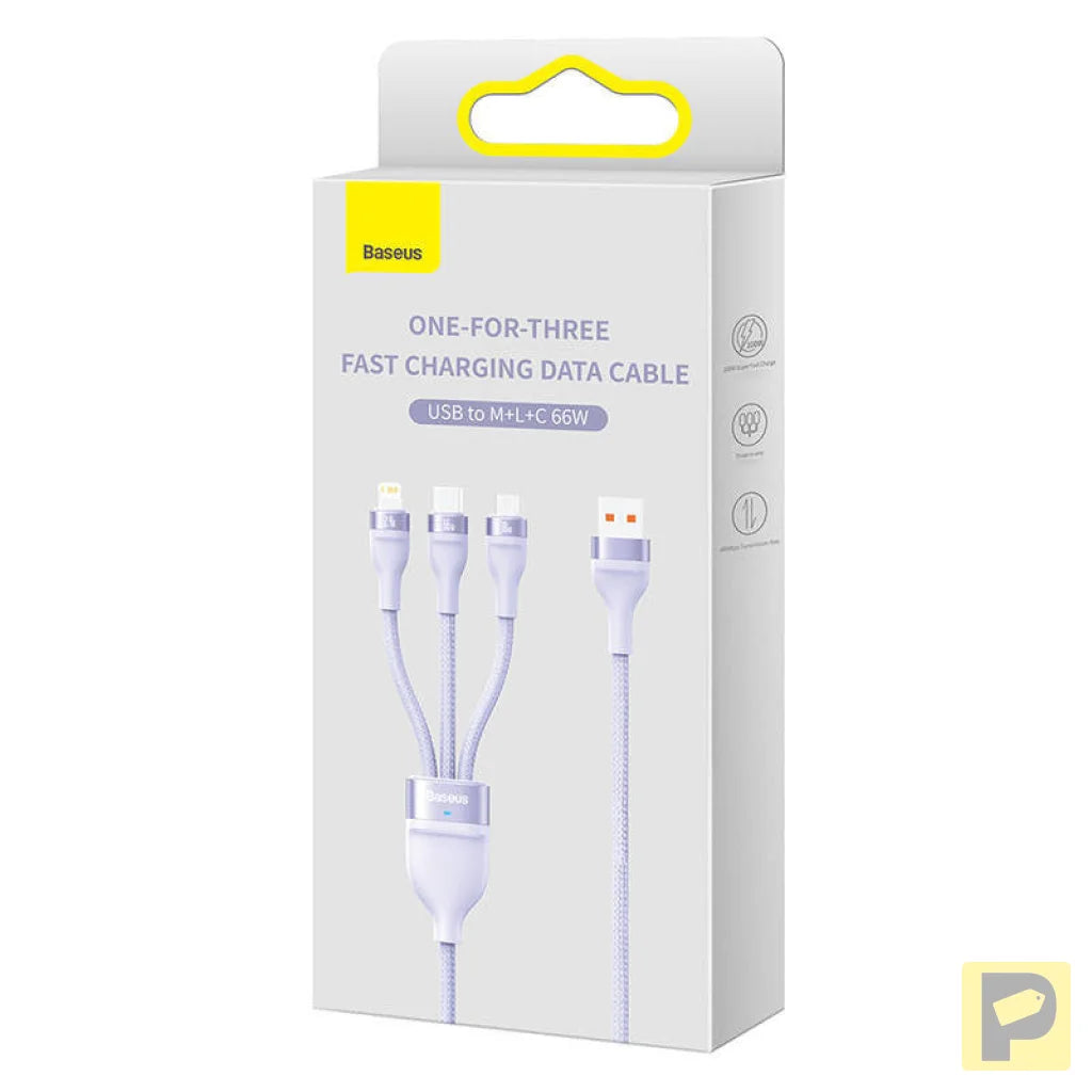 3in1 USB cable Baseus Flash II Series, USB-C + micro USB + Lightning, 66W, 1.2m (Purple)
