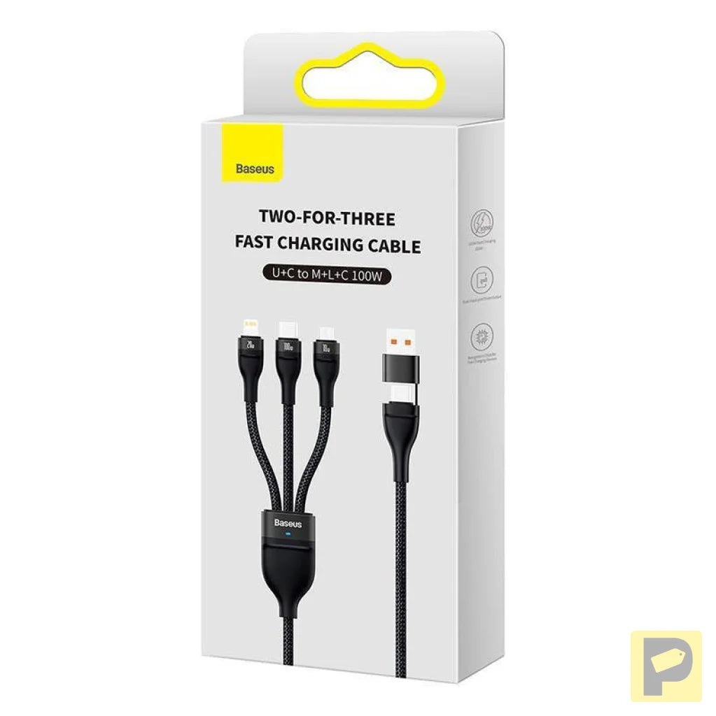 3in1 USB cable Baseus Flash Series 2, USB-C + micro USB + Lightning, 100W, 1.2m (black)