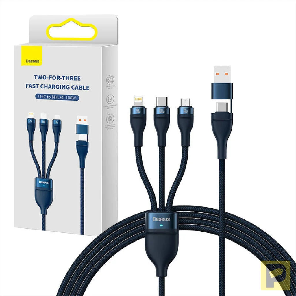 3in1 USB cable Baseus Flash Series 2, USB-C + micro USB + Lightning, 100W, 1.2m (blue)