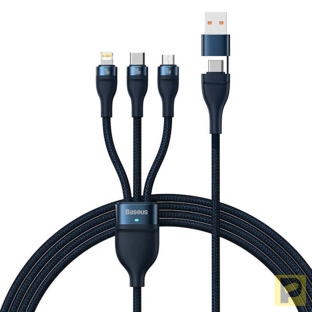 3in1 USB cable Baseus Flash Series 2, USB-C + micro USB + Lightning, 100W, 1.2m (blue)