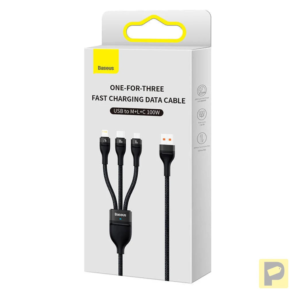 3in1 USB cable Baseus Flash Series, USB-C + micro USB + Lightning, 100W, 1.2m (black)