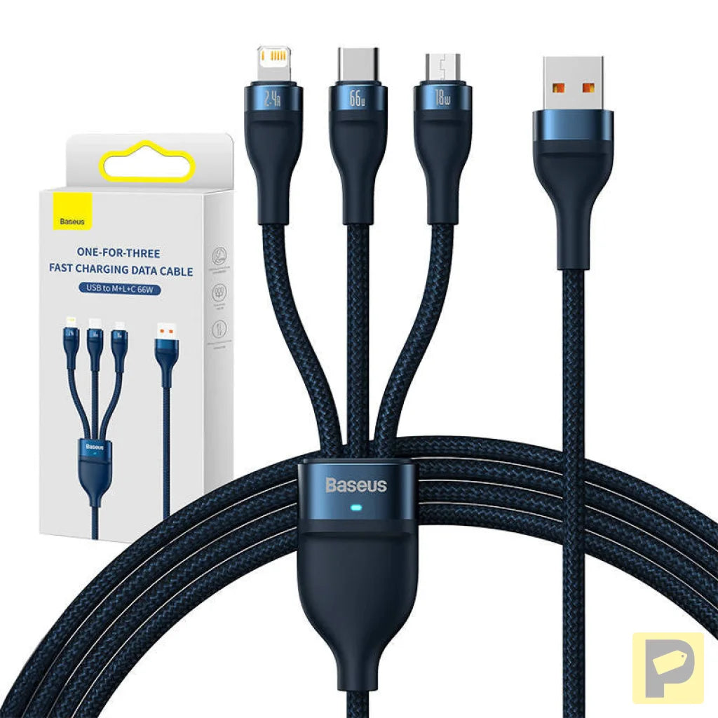 3in1 USB cable Baseus USB 3in1 Baseus Flash Series,  USB-C + Micro + Lightning 66W, 1.2m (blue)