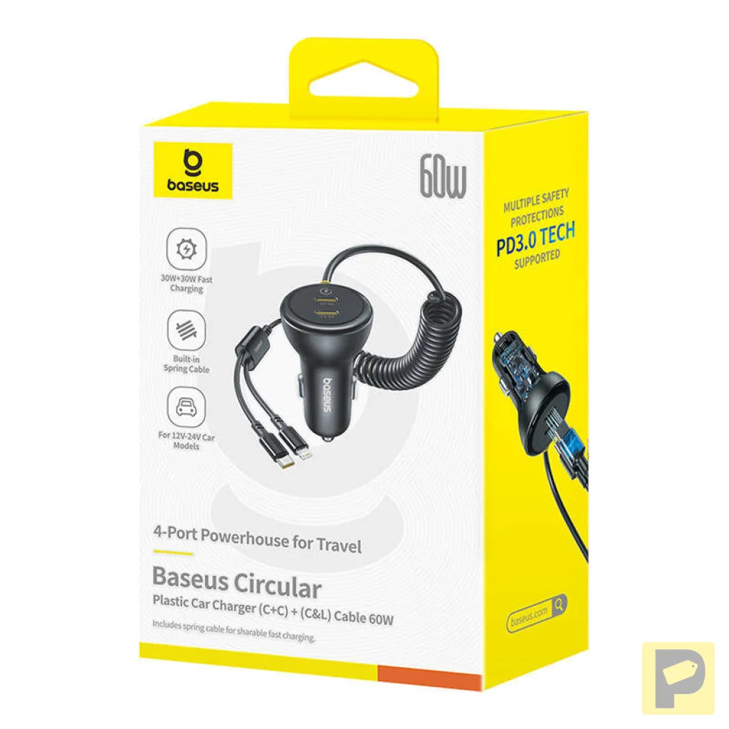 60W Baseus USB-C car charger + Lightning cable (Black)