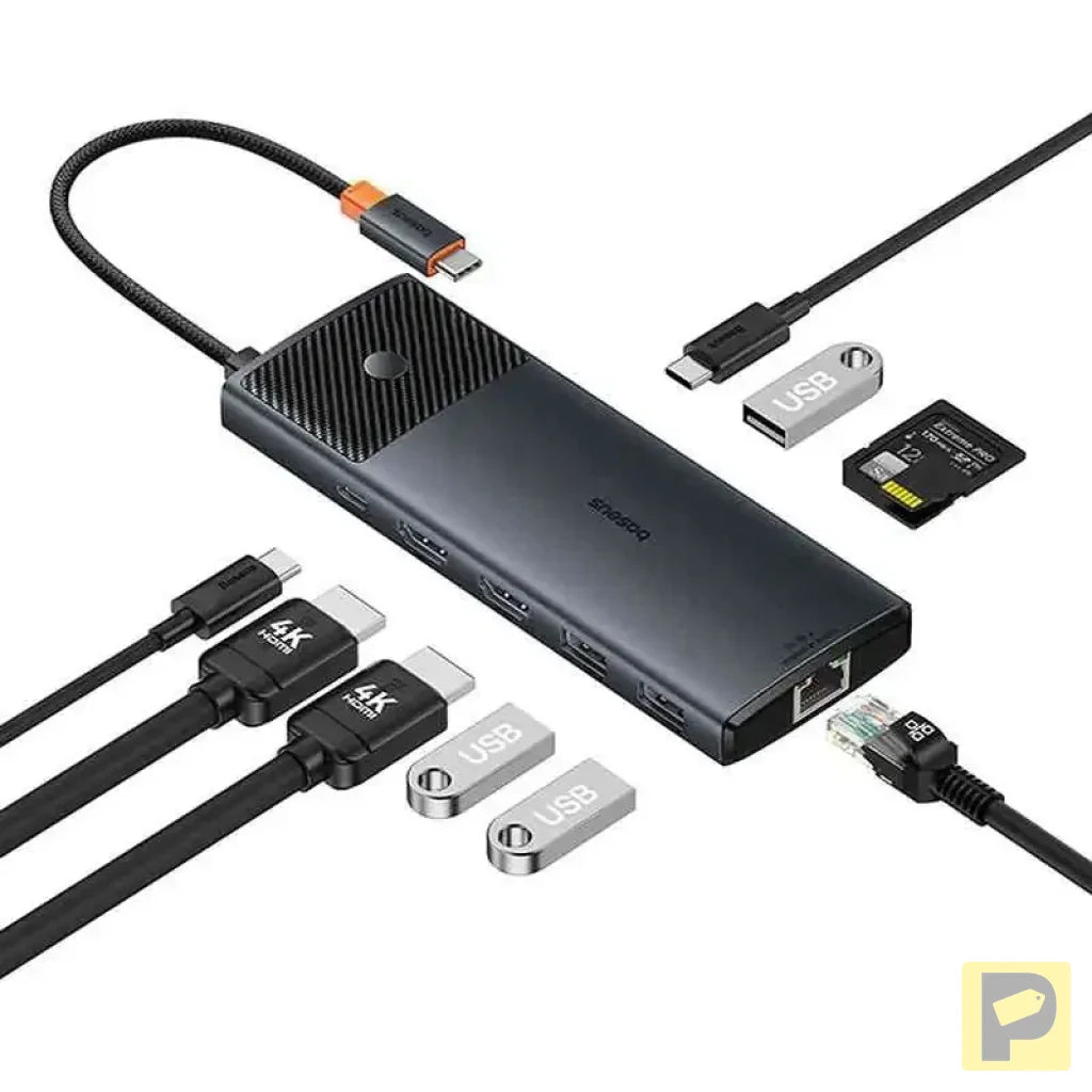 Adapter Hub 10in1 Baseus USB-C - 2xHDMI, 3xUSB-A, USB-C, RJ45, SD/TF, PD (black)