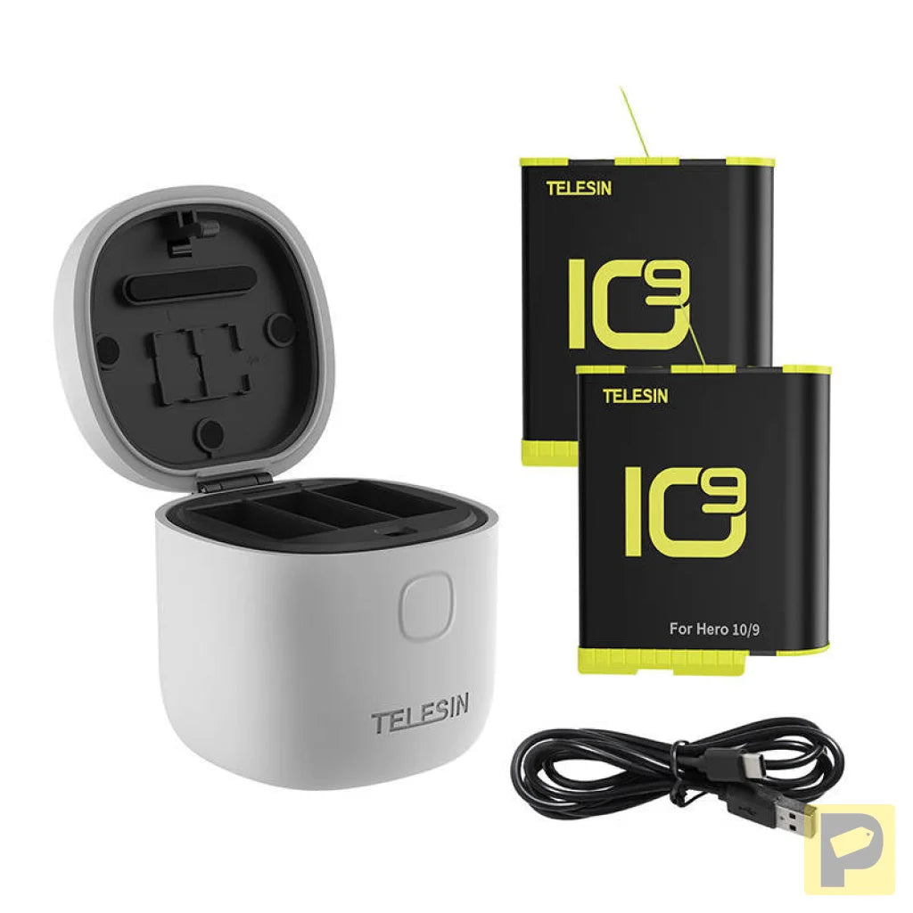 Allin box Telesin waterproof three-channel charger + 2 batteries for GoPro Hero 12 / Hero 11 / Hero 10 / Hero 9 (GP-BTR-905-GY-B)
