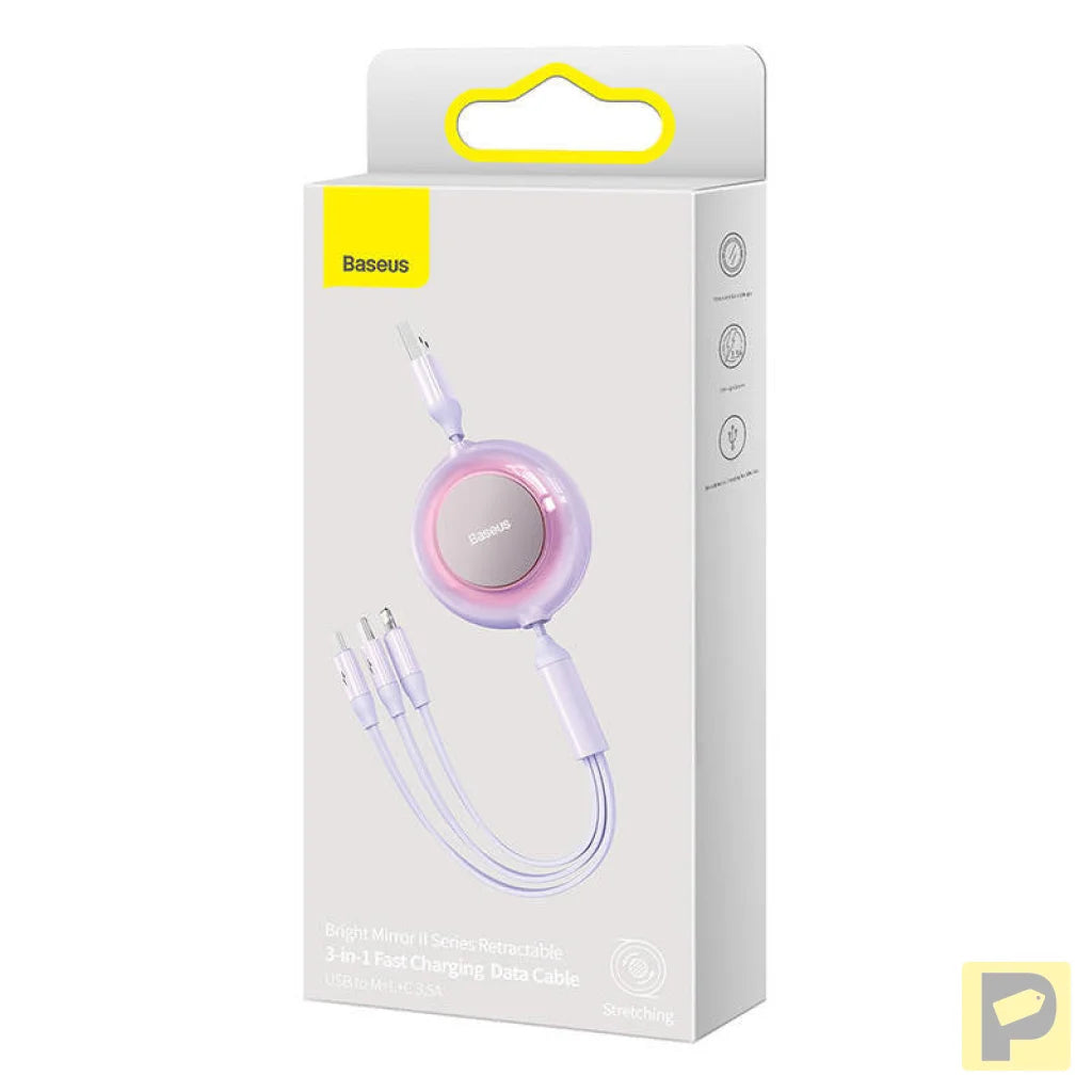 Baseus Bright Mirror 2, 3-in-1  USB 3-in-1 cable for micro USB / USB-C / Lightning 3.5A 1.1m (Purple)